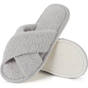 Women's Gray Fuzzy Cross Band Memory Foam Open-Toe House Slippers